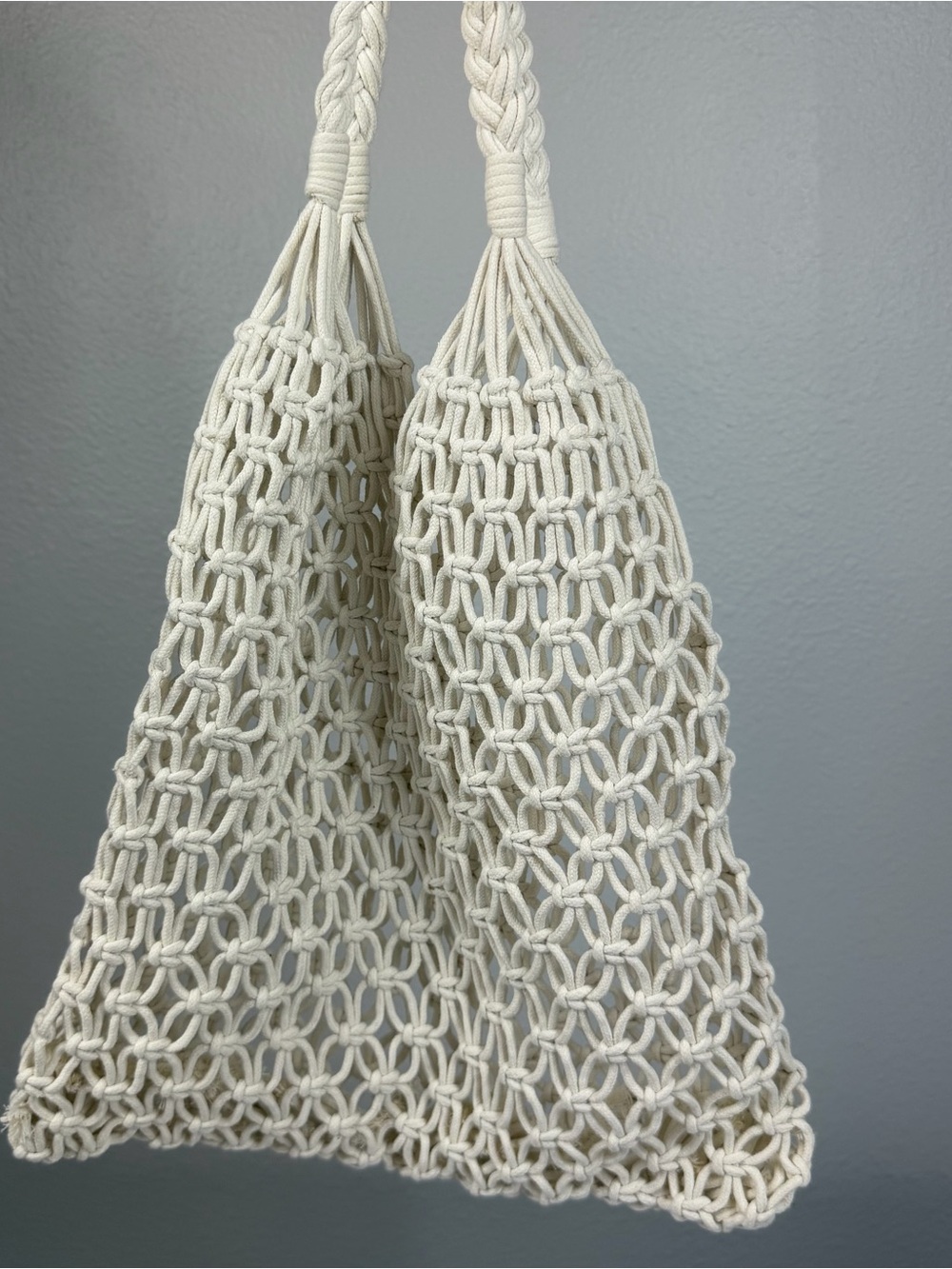 Cream Macrame Knotted Cotton Tote Bag Braided Handle Boho Beach Market Bag